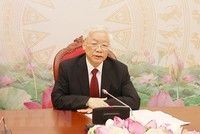 Tổng Bí thư, Chủ tịch nước Nguyễn Phú Trọng điện đàm trực tiếp với Tổng Bí thư, Chủ tịch nước Lào Bounnhang Vorachith. Ảnh: TTXVN