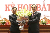 Chủ tịch UBND tỉnh Phú Thọ Bùi Văn Quang (bên trái) và Chủ tịch HĐND tỉnh Phú Thọ Bùi Minh Châu.