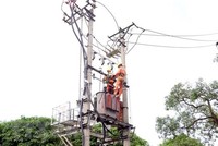 Điện lực thành phố Hải Dương tiến hành vệ sinh lưới điện, khắc phục các khiếm khuyết có nguy cơ xảy ra sự cố đối với đường dây cấp điện. (Ảnh: Mạnh Tú/TTXVN)