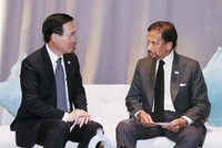 Chủ tịch nước Võ Văn Thưởng gặp Quốc vương Brunei Haji Hassanal Bolkiah. Ảnh: TTXVN.