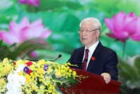 Tổng Bí thư, Chủ tịch nước Nguyễn Phú Trọng, Bí thư Quân ủy Trung ương phát biểu chỉ đạo Đại hội (Ảnh: Cổng TTĐT Bộ Quốc phòng)