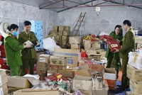 Đoàn kiểm tra liên ngành kiểm tra kho hàng hóa nghi nhập lậu. Ảnh: TTXVN