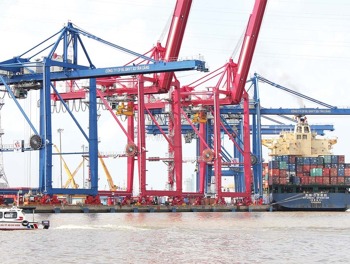 Hoạt động xuất nhập khẩu hàng hóa tại cảng Cát Lái (TP.HCM) Ảnh: Lê Quân