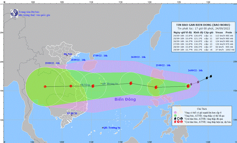 Dự báo vị trí và đường đi của bão NORU (cập nhật lúc 16h00, ngày 24/9). Nguồn: Trung tâm Dự báo khí tượng thuỷ văn quốc gia