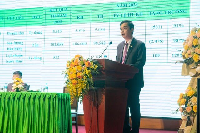 Ông Trần Ngọc Bảo, Thành viên HĐQT, Phó tổng giám đốc tài chính Công ty Nhựa Tiền Phong báo cáo về tình hình sản xuất kinh doanh năm 2023