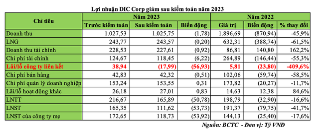 Lợi nhuận DIC Corp giảm sau kiểm toán năm 2023 (Nguồn: BCTC)