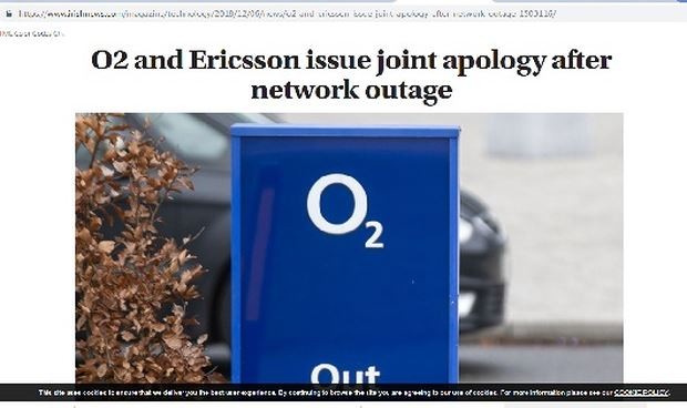 Ericsson và nhà mạng O2 xin lỗi khách hàng về sự cố lỗi phần mềm (ảnh chụp màn hình).