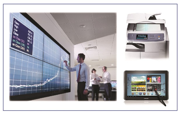 Màn hình hiển thị kỹ thuật số (LFD UD55D viền siêu mỏng để ghép tạo thành videowall), Tablet 10.1 và máy in CLX-8640ND với giải pháp SecuThru-lite và SmartThru-workflow là Top 3 sản phẩm tiêu biểu của Samsung được các ngân hàng ứng dụng nhiều nhất