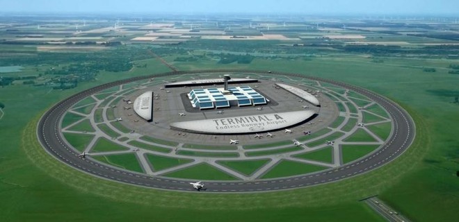 Ý tưởng sân bay có đường băng hình tròn, bằng 4 đường băng cộng lại, 3 máy bay lên xuống cùng lúc