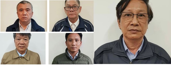 5 bị can bị khởi tố gồm: Quản Trọng Tuấn, Phan Ngọc Thơm, Vũ Như Khuê, Nguyễn Quốc Hải, Phạm Khánh Toàn (thứ tự từ trên xuống)