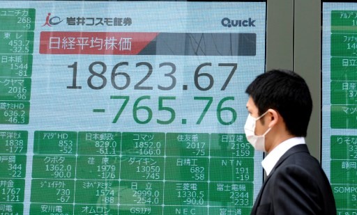 Chỉ số Nikkei 225 của Nhật Bản chiều nay 21/4 mất 2,18% còn chỉ số Topix giảm 1,35%. Ảnh: AFP