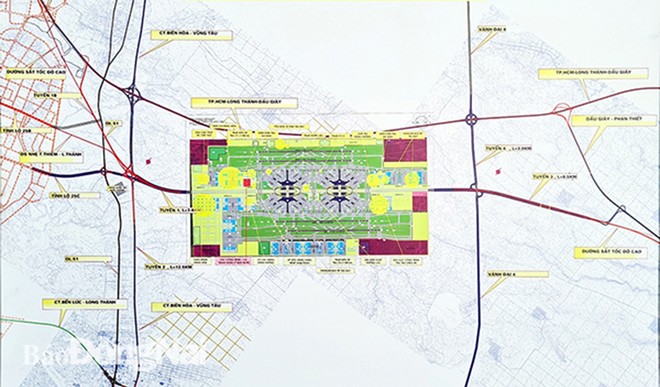Mặt bằng quy hoạch tổng thể sân bay Long Thành và 2 tuyến đường giao thông kết nối. 