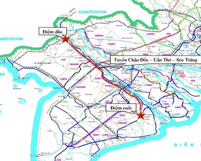 Bản đề hướng tuyến cao tốc Châu Đốc - Cần Thơ - Sóc Trăng.