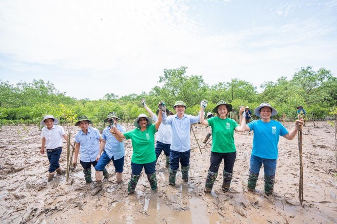 Bà Kanni Wignaraja (thứ 4 từ trái qua) tham gia trồng rừng ngập mặn. Ảnh: UNDP.