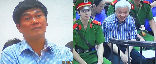 Ông Trần Đình Long (trái) và "bầu" Kiên tại phiên tòa xét xử "bầu" Kiên ngày 21/5 (ảnh chụp qua màn hình)