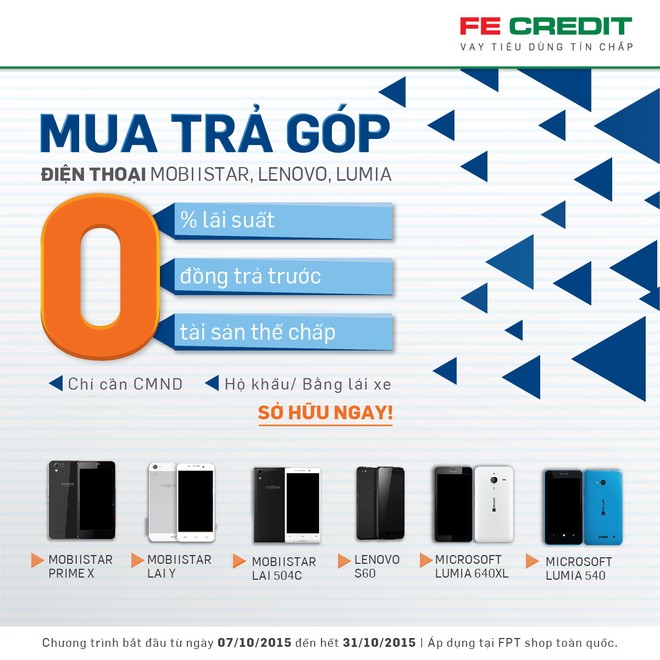 FE Credit cho vay trả góp mua điện thoại Mobiistar, Lenovo, Lumia lãi suất 0%