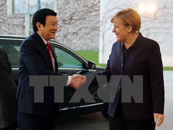 Chủ tịch nước Trương Tấn Sang gặp Thủ tướng Cộng hòa Liên bang Đức Angela Merkel. (Ảnh: Vietnam+)