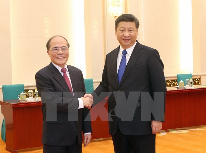 Chủ tịch Quốc hội Nguyễn Sinh Hùng hội kiến với Tổng Bí thư, Chủ tịch Trung Quốc Tập Cận Bình (Ảnh: Vietnam+)