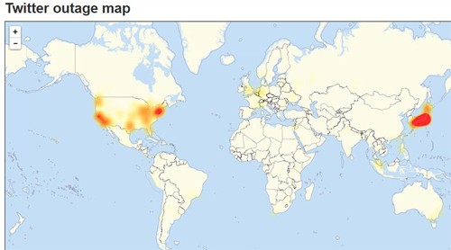 Những khu vực bị ảnh hưởng bởi sự cố của Twitter. Nguồn: DownDetector