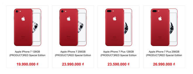 Giá iPhone 7 và 7 Plus màu đỏ mới tại Việt Nam.