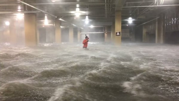 Phóng viên Mỹ đứng giữa dòng nước cuồn cuộn đưa tin bão Nate