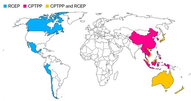 Bản đồ của CPTPP (xanh) và RCEP (đỏ), các quốc gia tham gia cả 2 hiệp định có màu vàng