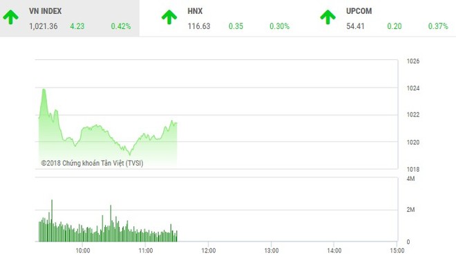 Phiên sáng 1/10: Cổ phiếu P khởi sắc, VN-Index chinh phục mốc 1.020 điểm