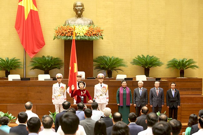 Lễ nhậm chức của Chủ tịch Quốc hội khóa XIV Nguyễn Thị Kim Ngân diễn ra sáng 22/7. Ảnh: VGP/Nhật Bắc
