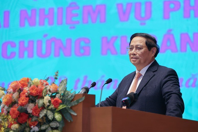 Thủ tướng Chính phủ Phạm Minh Chính phát biểu kết luận tại Hội nghị triển khai nhiệm vụ phát triển thị trường chứng khoán (TTCK) năm 2024. Ảnh VGP