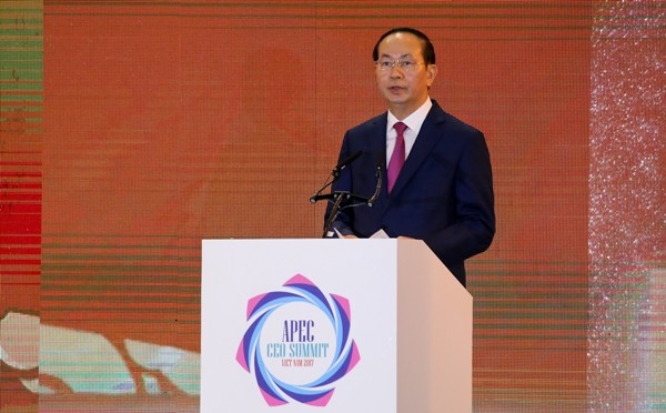Chủ tịch nước Trần Đại Quang phát biểu tại phiên khai mạc CEO Summit 2017. Ảnh: Quỳnh Trần.