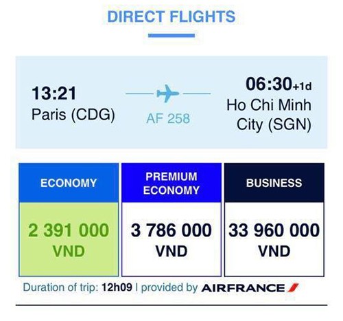 Giá khứ hồi cho một chuyến bay thẳng Paris - Tp. HCM của Air France hiển thị trên ứng dụng đặt vé trên điện thoại của hãng vào ngày 14/2. Ảnh chụp màn hình.