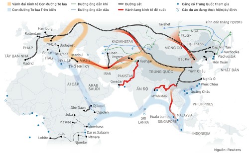 Sáng kiến Vành đai và Con đường của Trung Quốc. Đồ họa: Việt Chung. (Nhấn vào hình để xem cỡ lớn)