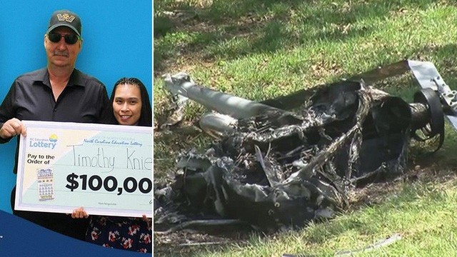 Ông Timothy Kniess trúng số trị giá 100.000 USD và chiếc trực thăng ông mua bằng tiền trúng thưởng đó cháy rụi ngay trước sân nhà. (Nguồn: Fox News)