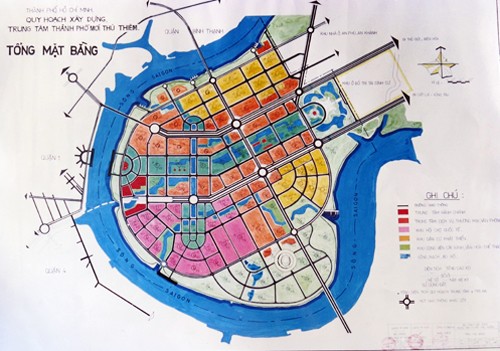 Bản đồ quy hoạch tổng mặt bằng Khu đô thị Thủ Thiêm lập năm 1995 (một trong 13 bản đồ TP HCM trình Thủ tướng) được ông Thanh lưu giữ. Ảnh: Hữu Nguyên.