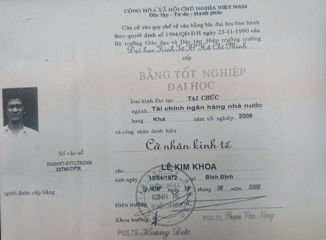 Văn bằng đại học được cho là không hợp lệ của ông Lê Kim Khoa -hiện là Trưởng ban Tổ chức Huyện ủy Chư Sê.