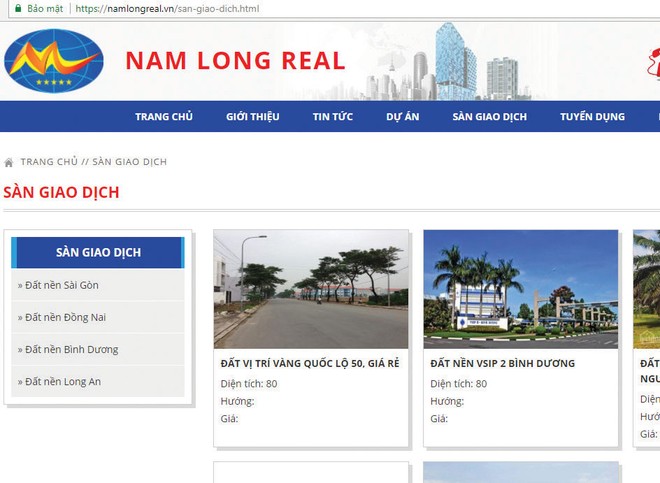 Trang web của Nam Long Real giới thiệu rất nhiều dự án đất nền