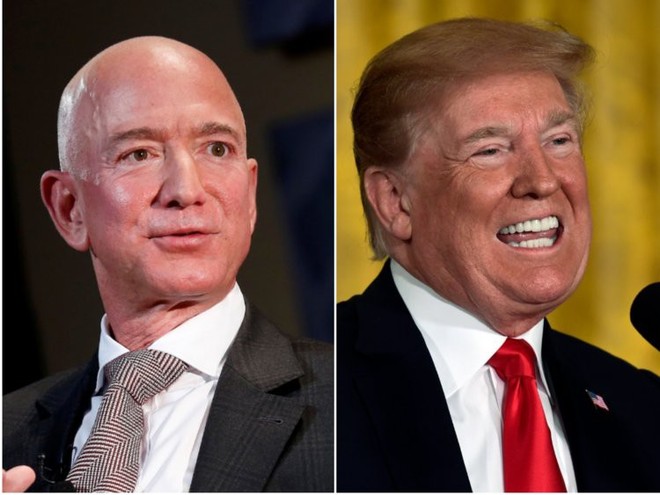 Tổng thống Trump "đá xoáy" tỷ phú Jeff Bezos là thằng hề sau vụ ly hôn tốn kém nhất lịch sử. (Nguồn: Reuters/Joshua Roberts/Susan Walsh/AP/Business Insider composite).