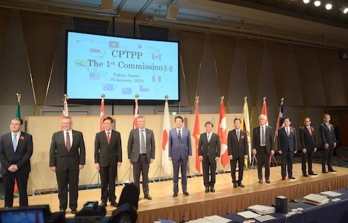 Bộ trưởng 11 nước thành viên CPTPP tham dự phiên họp đầu tiên của Hội đồng CPTPP tại Tokyo ngày 19/1.Ảnh: TG&VN.