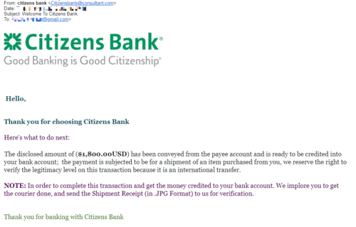 Email mạo danh Citizens Bank yêu cầu chị Mỹ gửi hóa đơn chứng minh đã chuyển hàng để nhận tiền.