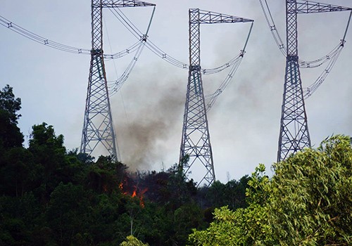 Cháy rừng dưới chân trụ điện 500kV ở Đà Nẵng khiến những khu vực lân cận bị cắt điện. Ảnh: Đ.X.