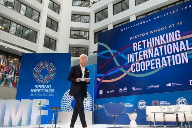 Bức ảnh này được chụp vào ngày 10/4/2019 khi Tổng Giám đốc IMF Christine Lagarde đang phát biểu tại Hội nghị mùa Xuân IMF và WB 2019. (Nguồn: AFP).