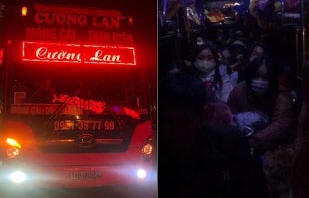 Chiếc xe chạy tuyến Quảng Ninh - Lai Châu vi phạm chở 78/47 hành khách. (Ảnh: PV/Vietnam+).