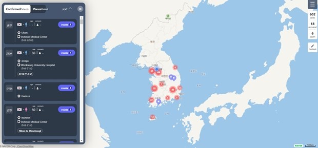 Ảnh chụp màn hình của Coramamap Live được chụp vào ngày 24/2, cho thấy một bản đồ tương tác với thông tin về bệnh nhân COVID-19 và những nơi họ đã từng qua. (Nguồn: Yonhap).