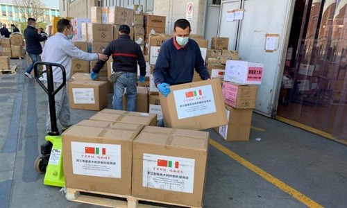 Hàng viện trợ y tế của Trung Quốc tại Italia (Ảnh: Thời báo Hoàn cầu).