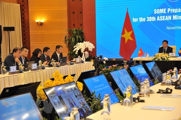 Quang cảnh Hội nghị trù bị trực tuyến quan chức cấp cao năng lượng ASEAN lần thứ 38 tại điểm cầu Hà Nội. (Ảnh: Trần Việt/TTXVN).