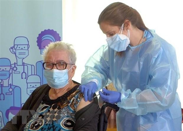 Một cụ bà được tiêm vắcxin ngừa COVID-19 tại L'Hospitalet de Llobregat, Tây Ban Nha ngày 27/12/2020. (Ảnh: AFP/TTXVN).