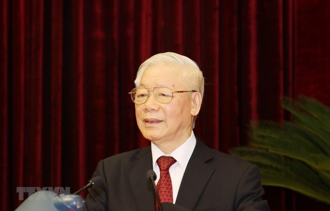 Tổng Bí thư, Chủ tịch nước Nguyễn Phú Trọng phát biểu bế mạc Hội nghị. (Ảnh: Trí Dũng/TTXVN).