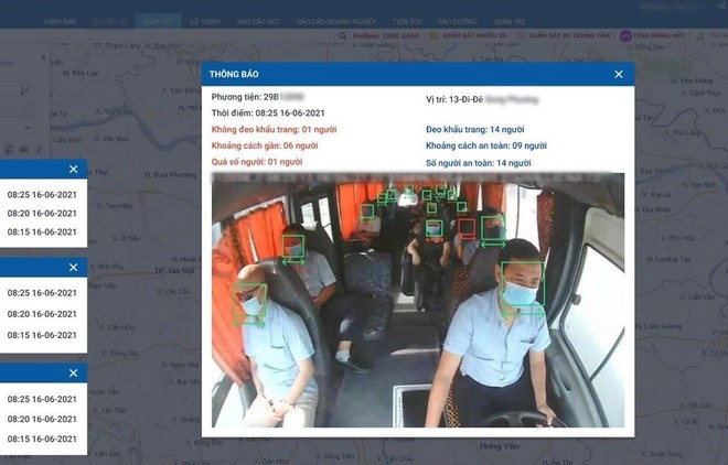 Công nghệ giải pháp “Di chuyển an toàn” hỗ trợ phòng dịch được triển khai miễn phí cho các doanh nghiệp vận tải. Ảnh chụp màn hình camera lắp trên xe.