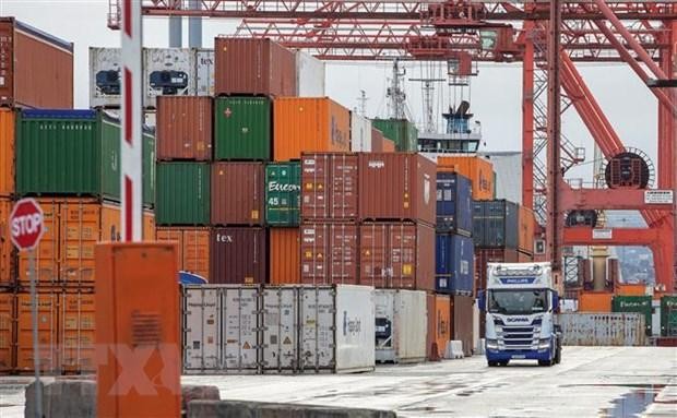 Hoạt động bốc dỡ container hàng hóa tại cảng ở Dublin, Ireland. (Ảnh: AFP/TTXVN).
