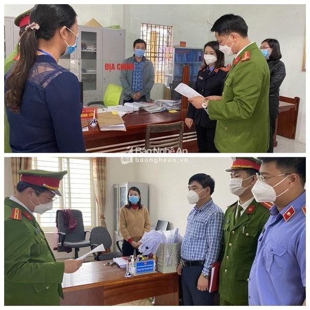 Tống đạt quyết định khởi tố đối với 2 bị can Lê Minh Tâm và Phạm Thị Thanh Thủy. (Nguồn: baonghean.vn)